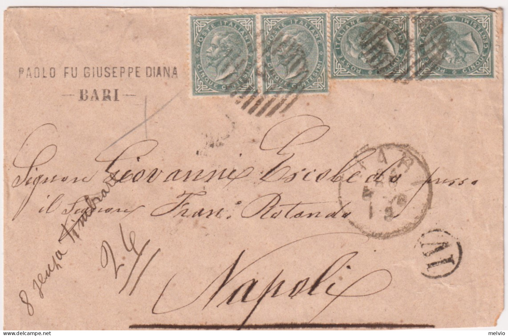 1879-lettera Affrancata Con 2 Coppie Del 5c. Verde Grigio Con Annullo A Sbarre D - Marcophilie