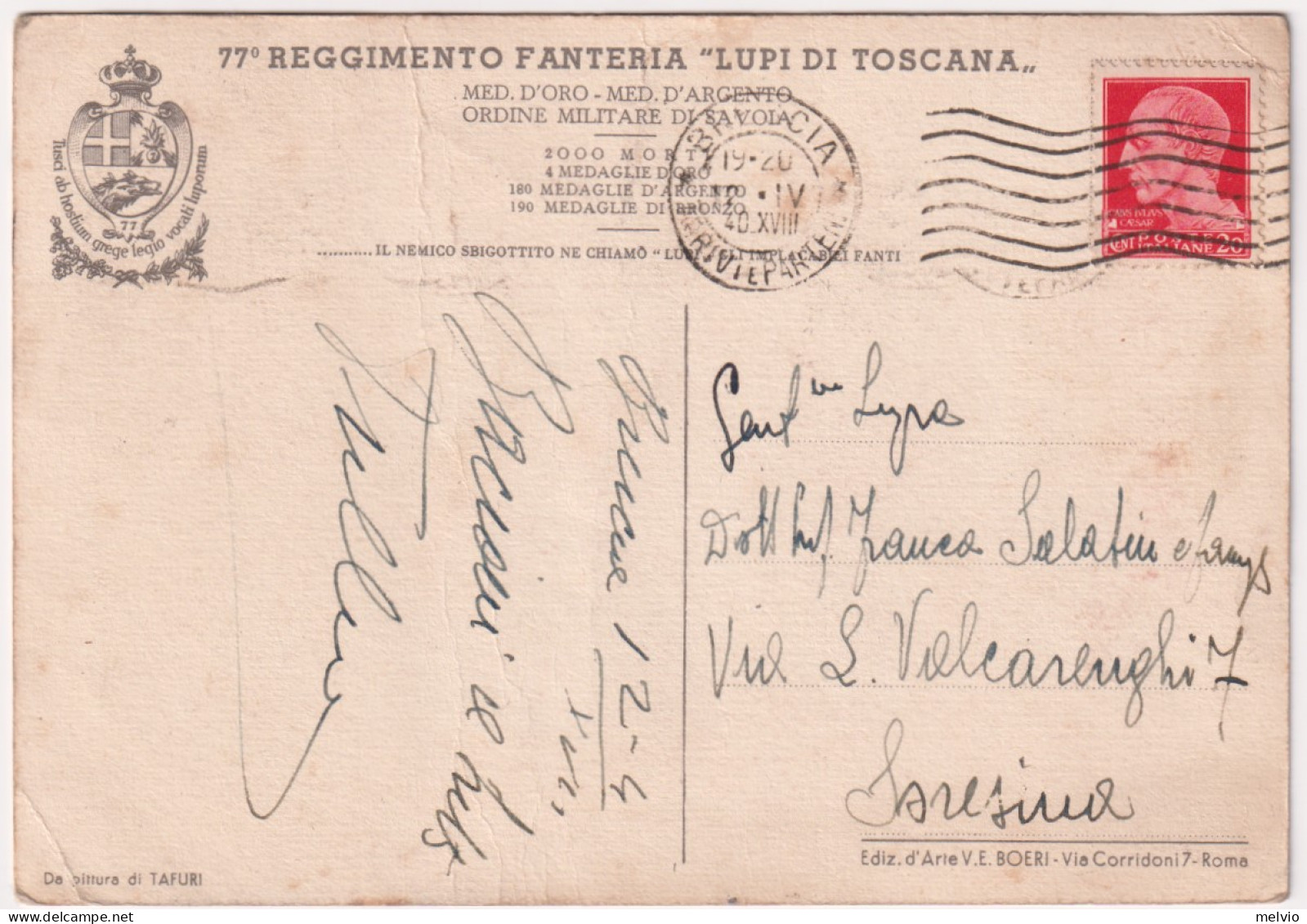 1940-dis.Tafuri 77^ Reggimento Fanteria Lupi Di Toscana Affrancata 20c. - Régiments