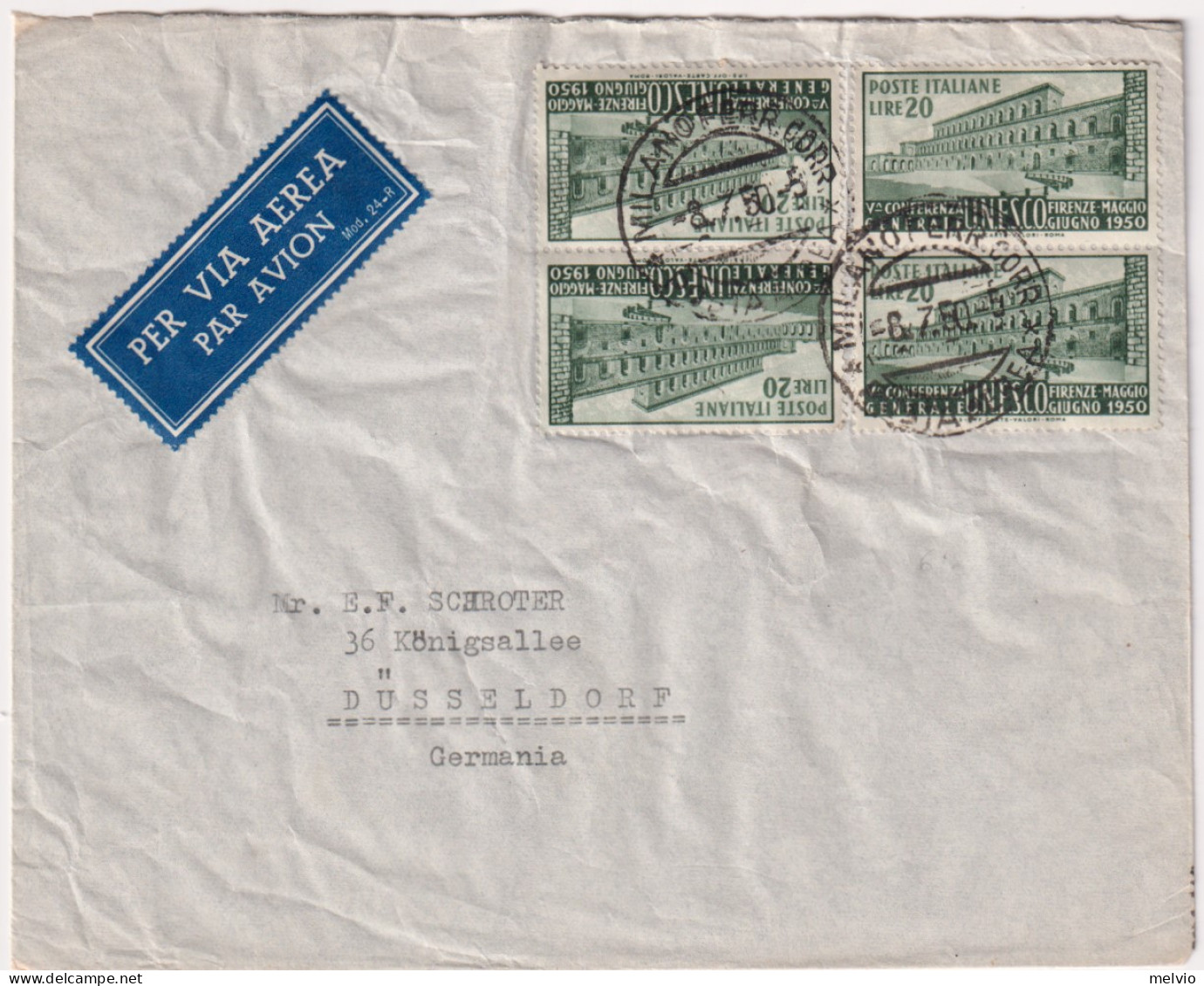 1950-via Aerea Per La Germania Con Due Coppie L.20 UNESCO - 1946-60: Storia Postale