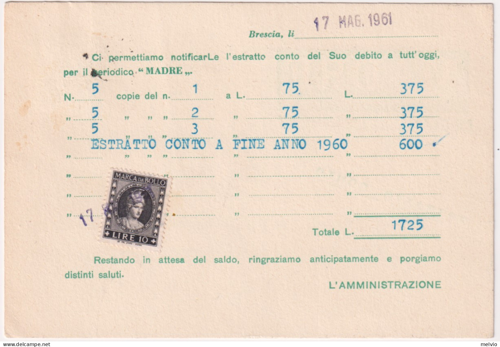 1961-Siracusana Lire 1 Isolato Su Estratto Conto Giornali, Annullo A Targhetta N - 1961-70: Storia Postale