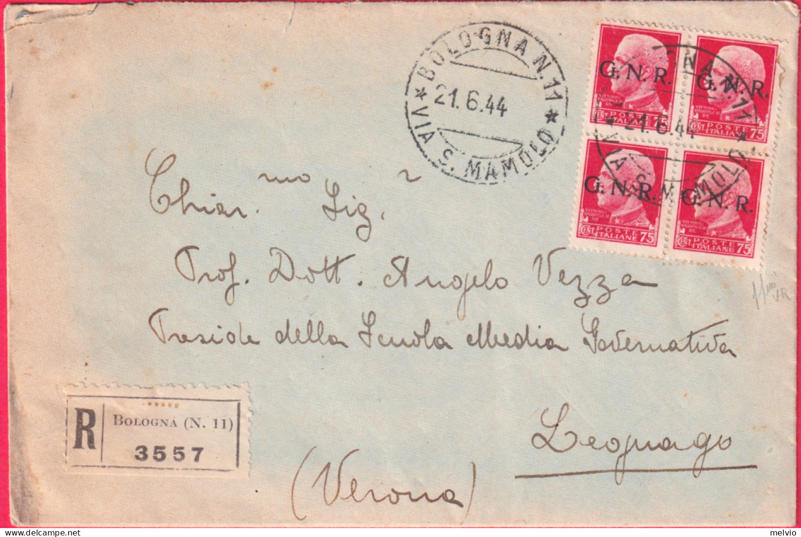 1944-GNR Lettera Affrancata Quartina 75c.tiratura Di Verona.I Due Esemplari Infe - Marcophilie