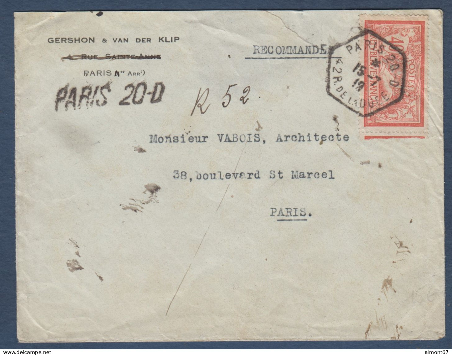 PARIS - Cachet De Recette Auxiliaire PARIS 20 D  42 R. DE LA DUEE - 1877-1920: Periodo Semi Moderno