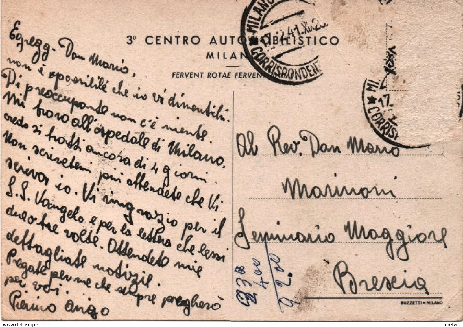 1941-3^ Centro Automobilistico Milano, "Fervent Rotae Fervent Animi", Viaggiata  - Patriotic