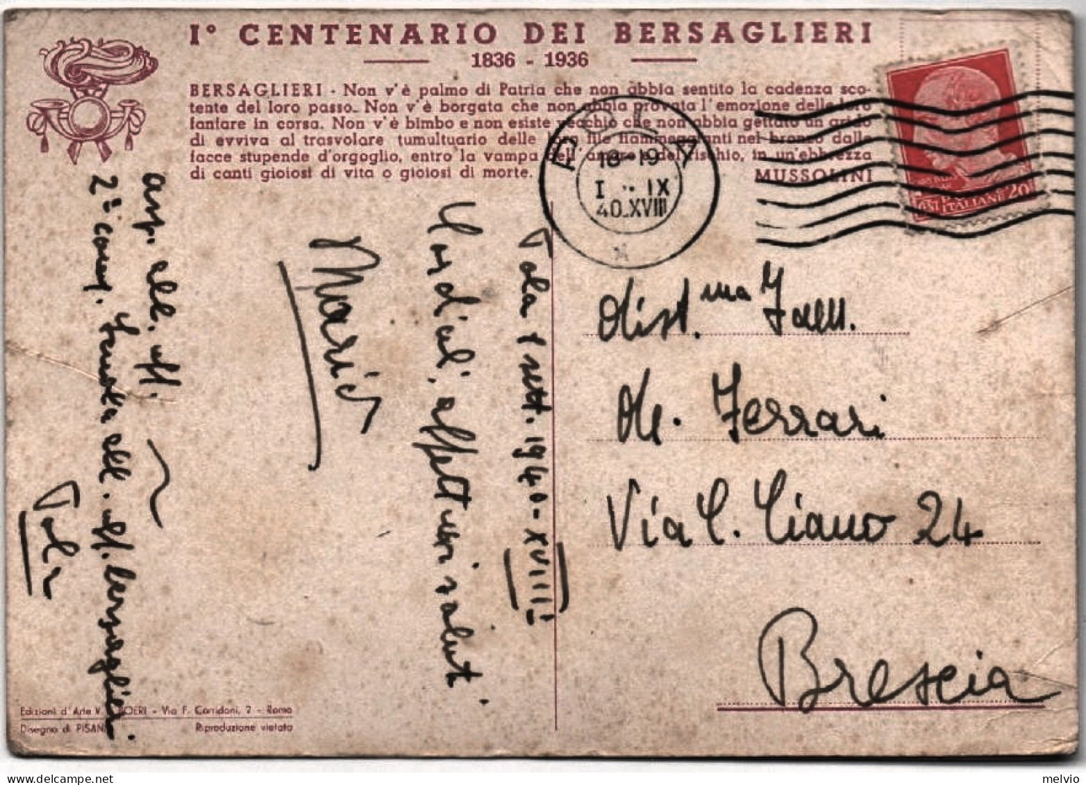 1940-I^ Centenario Dei Bersaglieri, Illustratore Pisani, Viaggiata - Patriotic