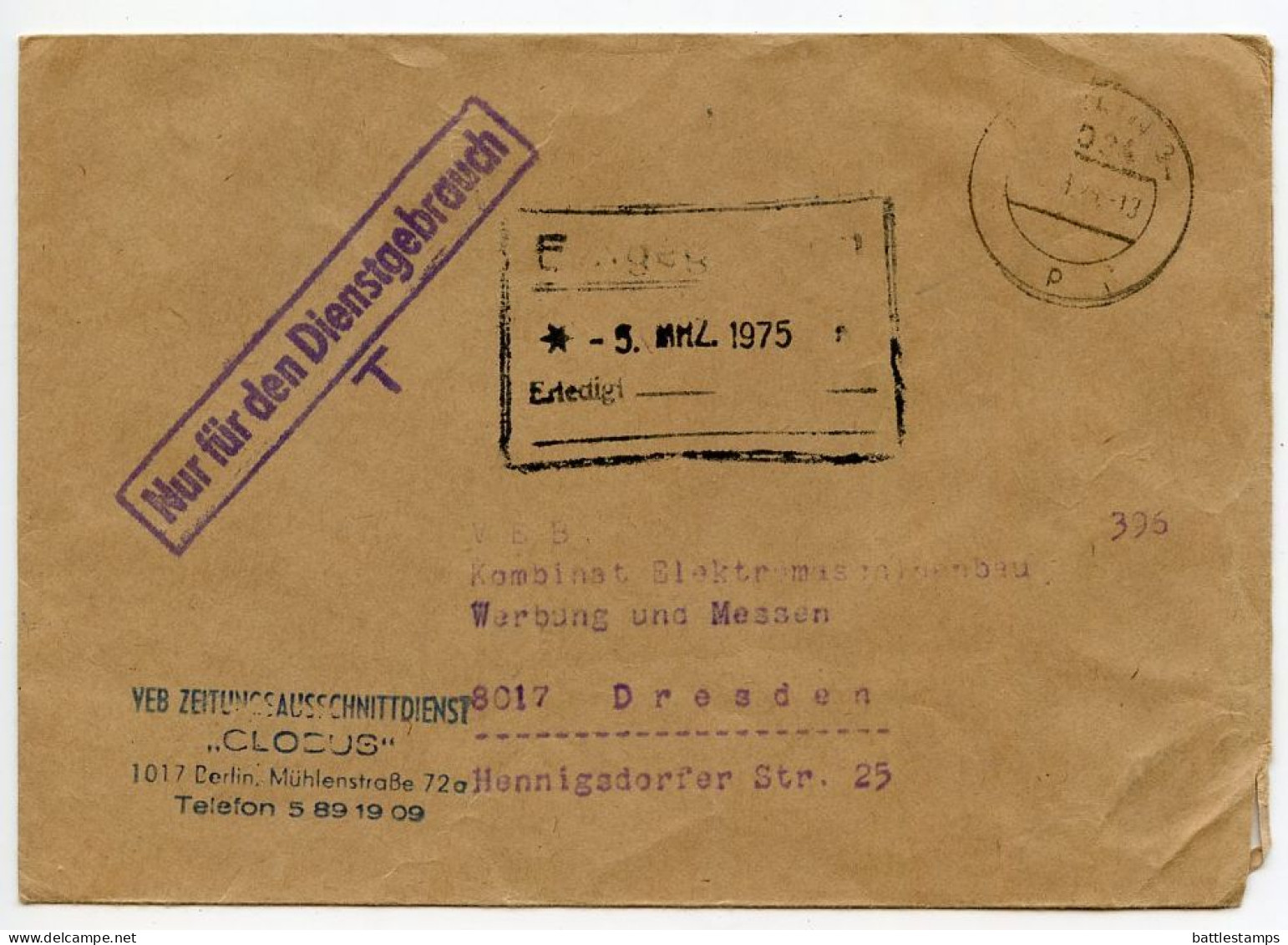 Germany, East 1975 Official Cover; Berlin - VEB Zeitungssausschnittdienst To Dresden - Covers & Documents