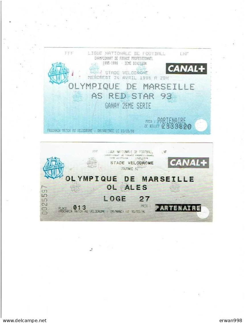 Football  1995/1996 2 Billets D'entrée Vélodrome Olympique De MARSEILLE Vs Red Star 93, Ol Alès     1092 - Biglietti D'ingresso