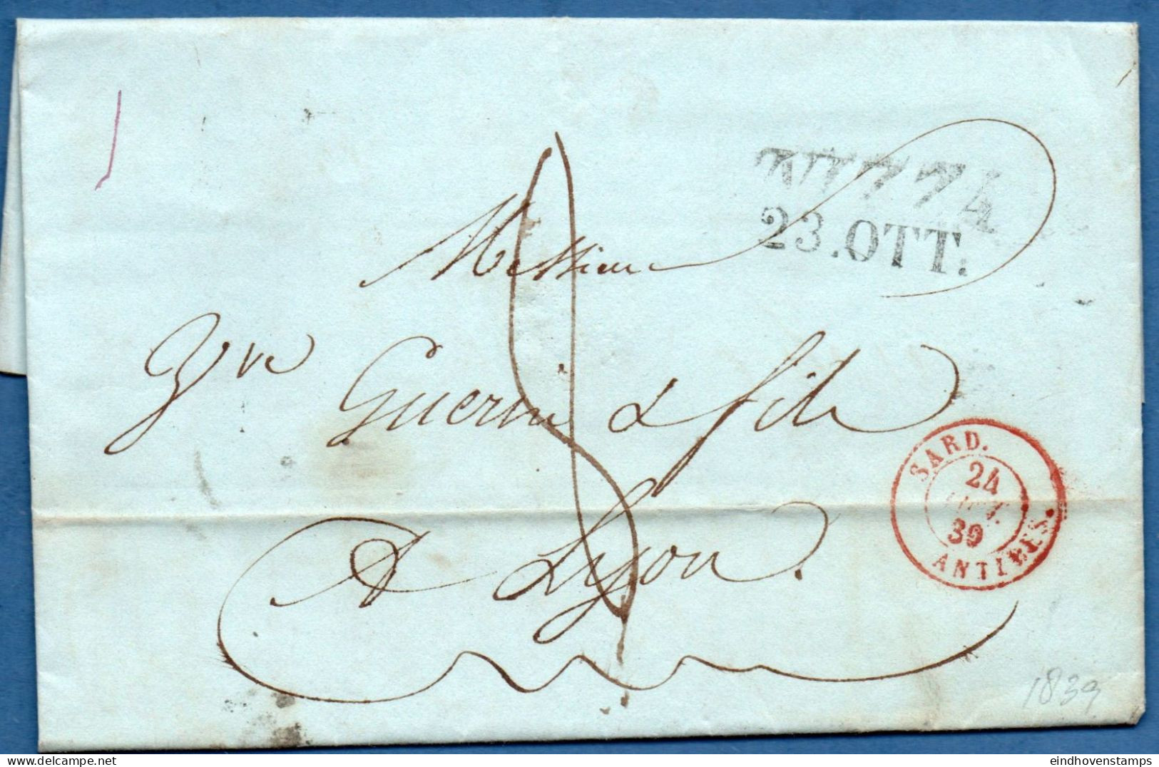 Italia Sardinia 1839, 23 Ott, Full Letter From Nizza - 2-line Mark - By French Sard. Antibes & Aix To Lyon, French Nice - ...-1850 Préphilatélie