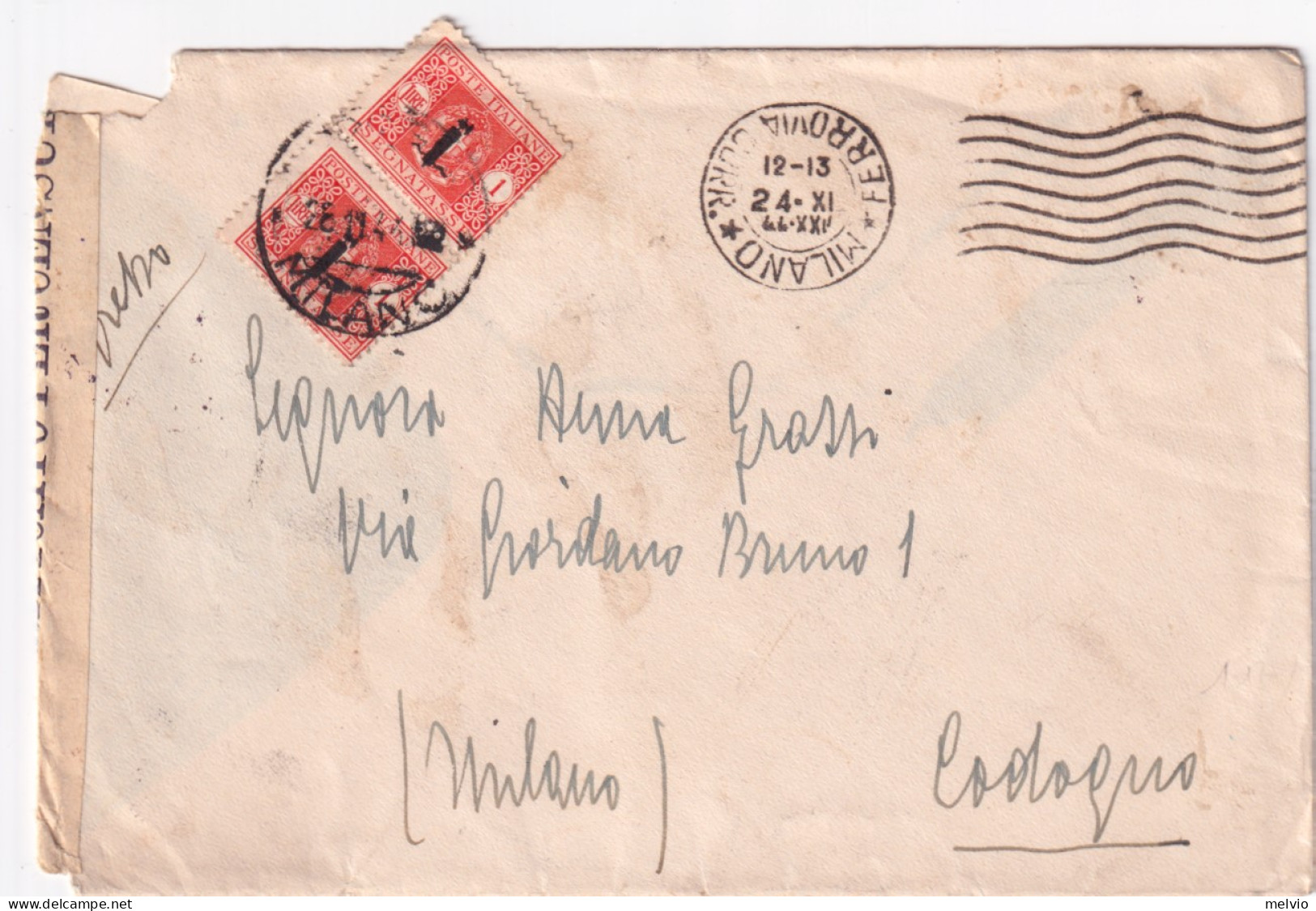1944-Segnatasse Sopr. Fascetto Coppia Lire 1 (68) Un Esemplare Debordante Ma Per - Poststempel