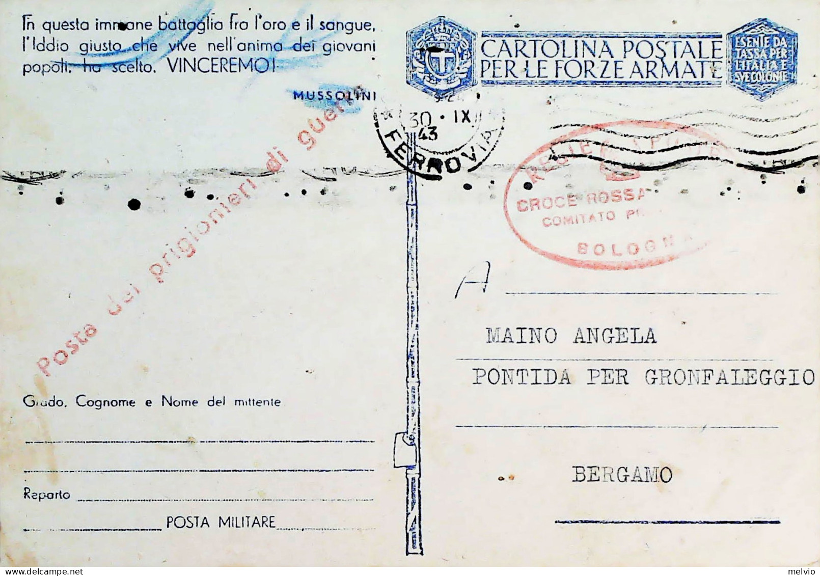 1943-Franchigia Posta Militare Bologna 30.9.43 Da Prigioniero Dei Tedeschi Croce - Marcophilia
