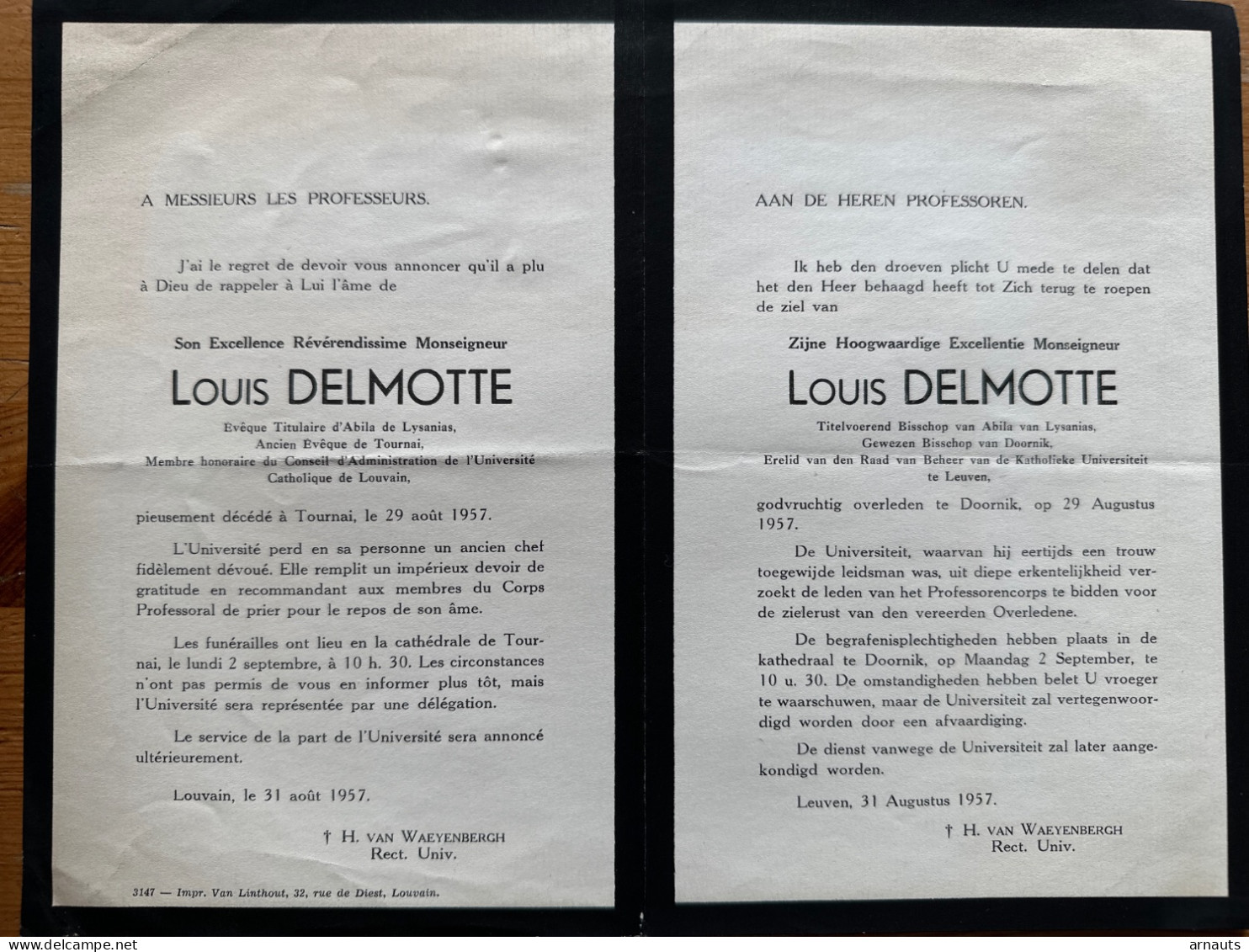Rector Kath. Univ Leuven KUL U Gebed Excellence Monseigneur Louis Delmotte *1892 Hennuyeres +1957 Tournai Bisschop Raad - Décès