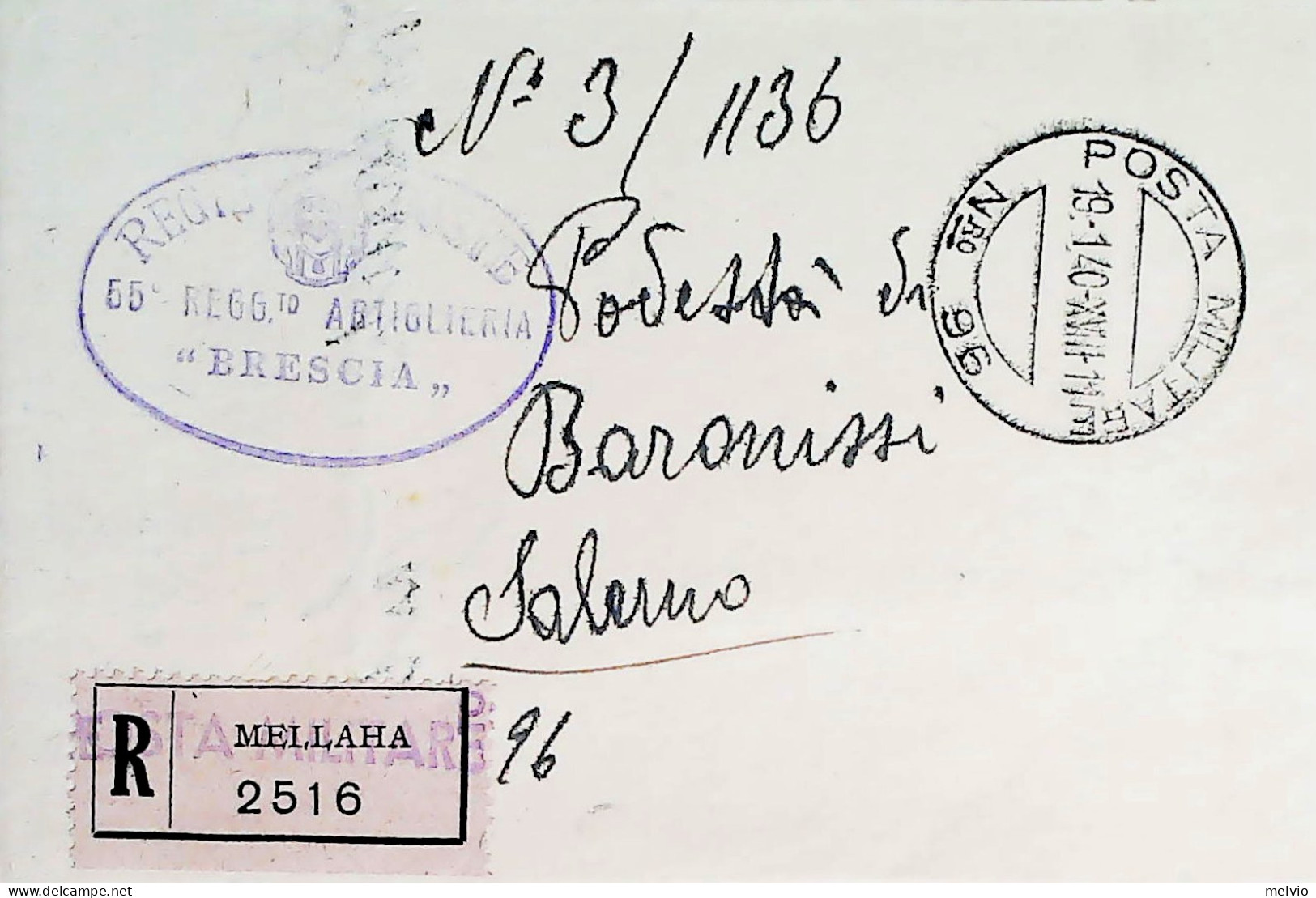 1940-Franchigia Posta Militare 96 19.1.40 Libia Targhetta Racc Di Mellaha Al Ver - Storia Postale