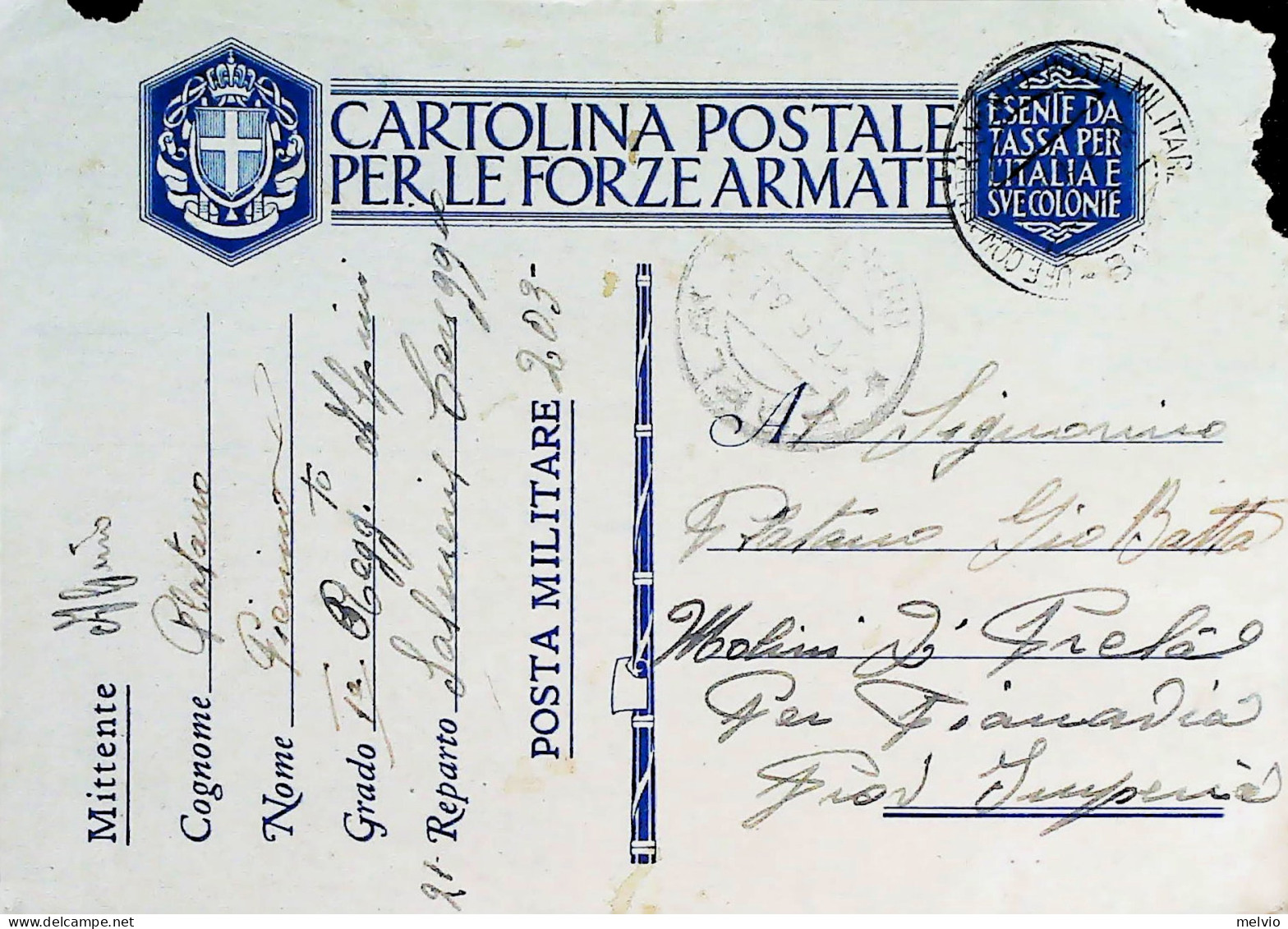 1941-Franchigia Posta Militare Concentramento Bari 22.5.41 Da PM 203 In Trasnito - Storia Postale