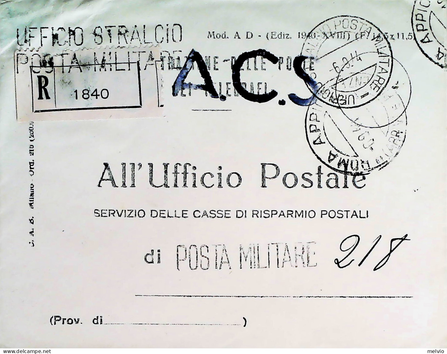 1944-Franchigia Raccomandata Posta Militare Ufficio Stralcio 6.9.44 Luogotenenza - Storia Postale
