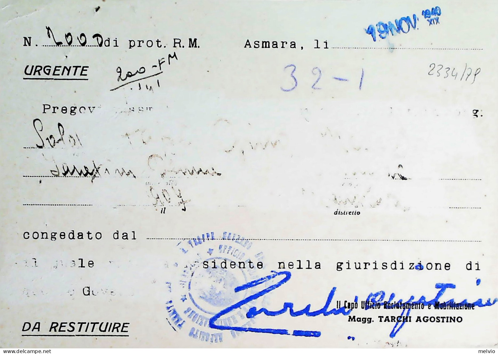 1940-Franchigia Posta Militare 1002 24.11.40 Distretto Di Asmara - Storia Postale
