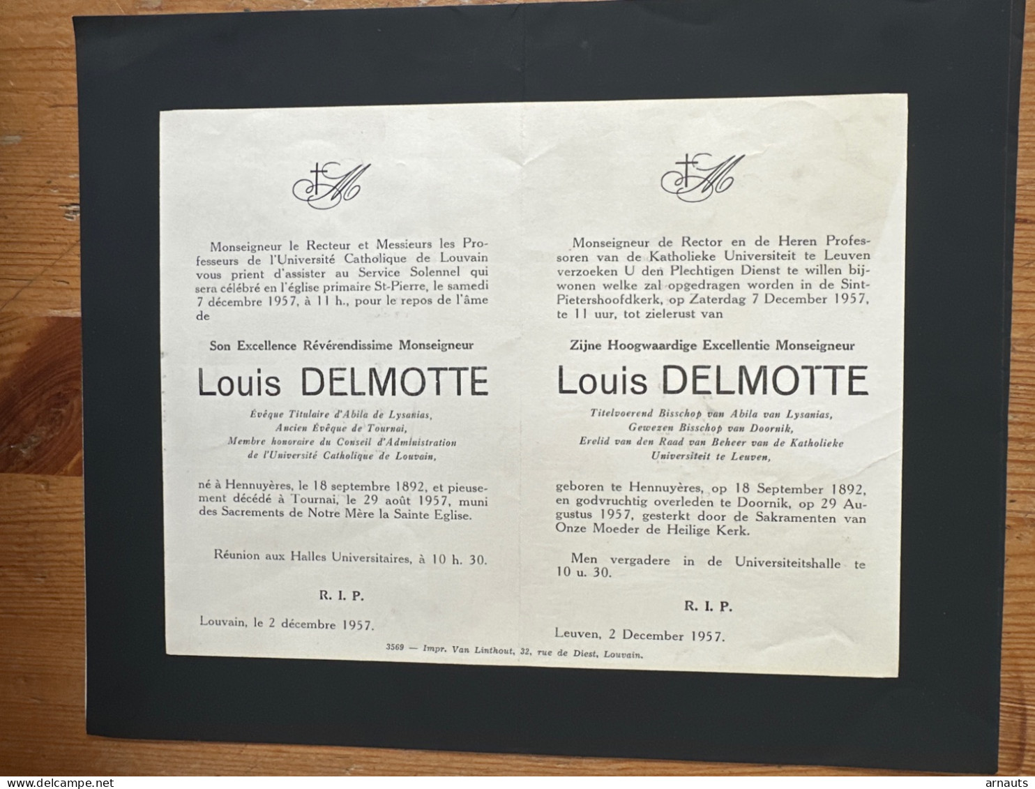 Rector Kath. Univ Leuven KUL U Gebed Excellence Monseigneur Louis Delmotte *1892 Hennuyeres +1957 Tournai Bisschop Raad - Todesanzeige