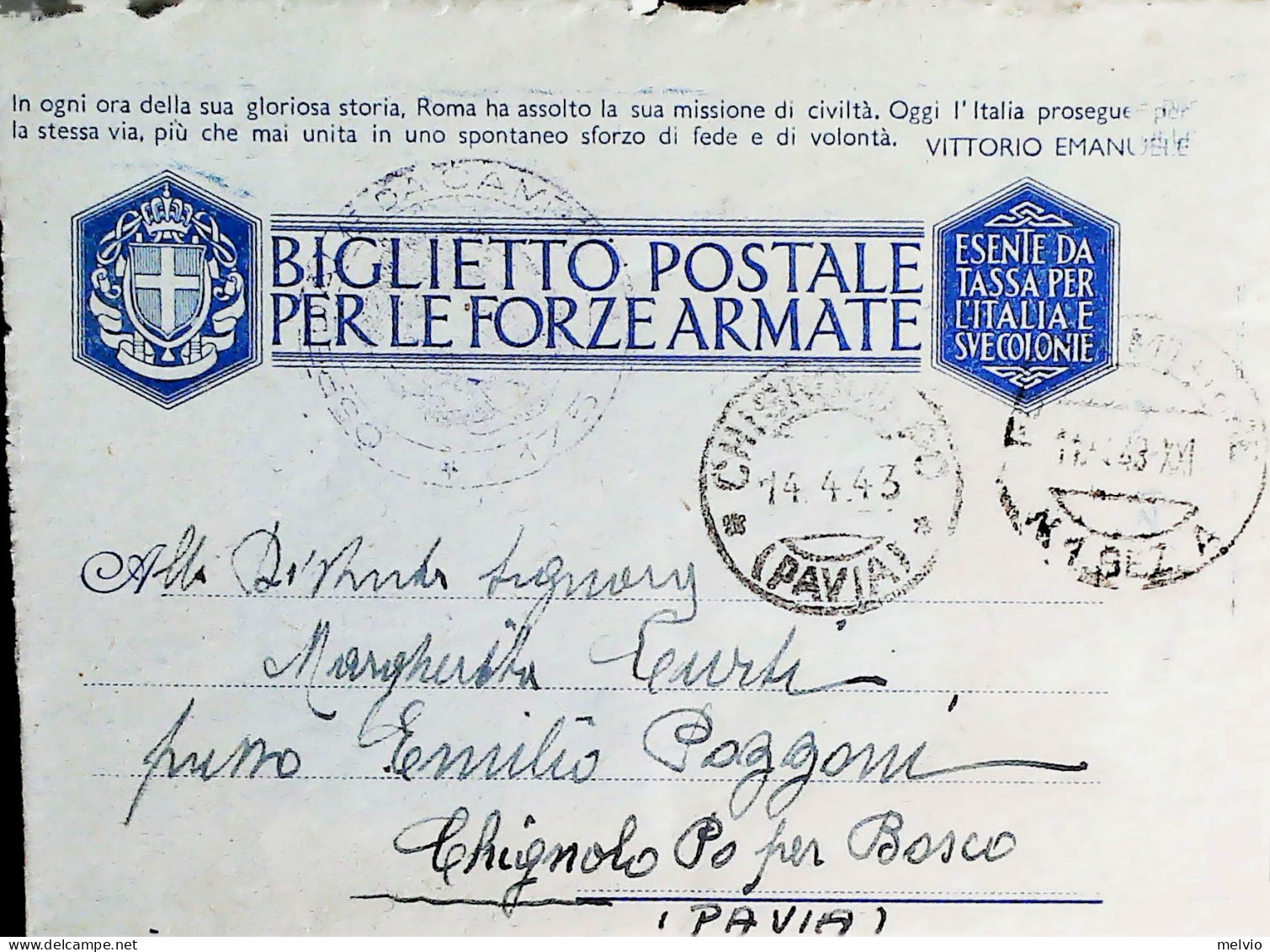 1943-Franchigia Posta Militare 1 Sez A 11.4.43 Francia Ospedale Da Campo - Storia Postale