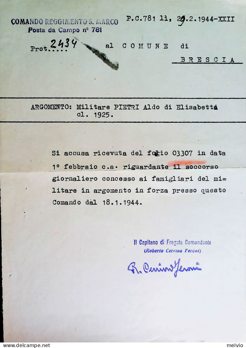 1944-Documento RSI PdC 782 Reggimento San Marco - Storia Postale