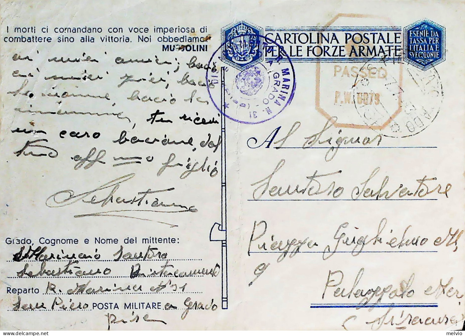 1943-Franchigia Posta Militare Marina San Piero A Grado Pisa 7.7.43 Per La Sicil - Storia Postale