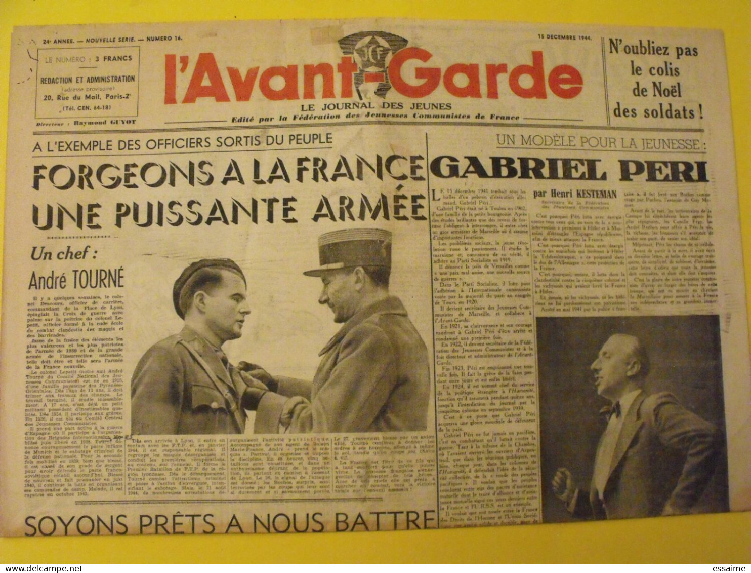 Hebdo L'Avant-Garde, Le Journal Des Jeunes. N° 16 Du 10 Décembre 1944. Tourné Gabriel Peri FUJP Ouzoulias épuration - Guerra 1939-45