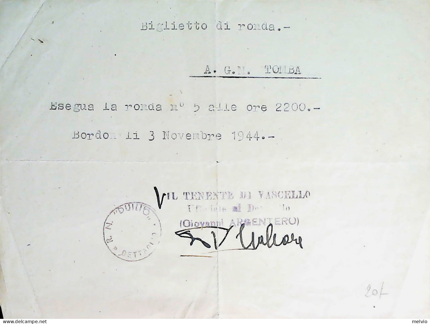 1944-Regia Marina Biglietto Di Ronda Regia Nave Duilio 1944 CIL - Storia Postale