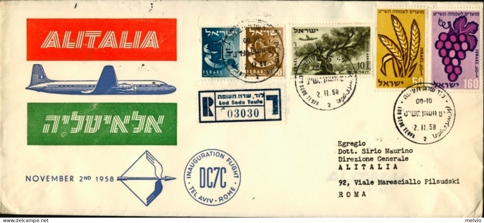 1958-Israele Cat.Pellegrini N.895 Euro190, I^volo Alitalia Tel Aviv Roma Del 2 N - Poste Aérienne
