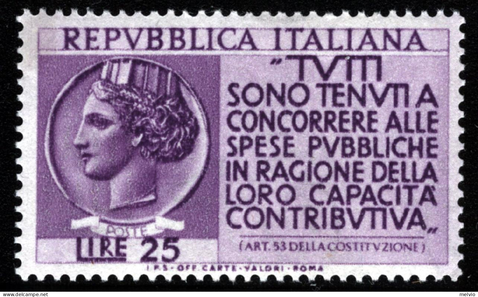 1954-Italia (MNH=**) Redditi L.25 Con Filigrana Lettere Completa - 1946-60: Mint/hinged