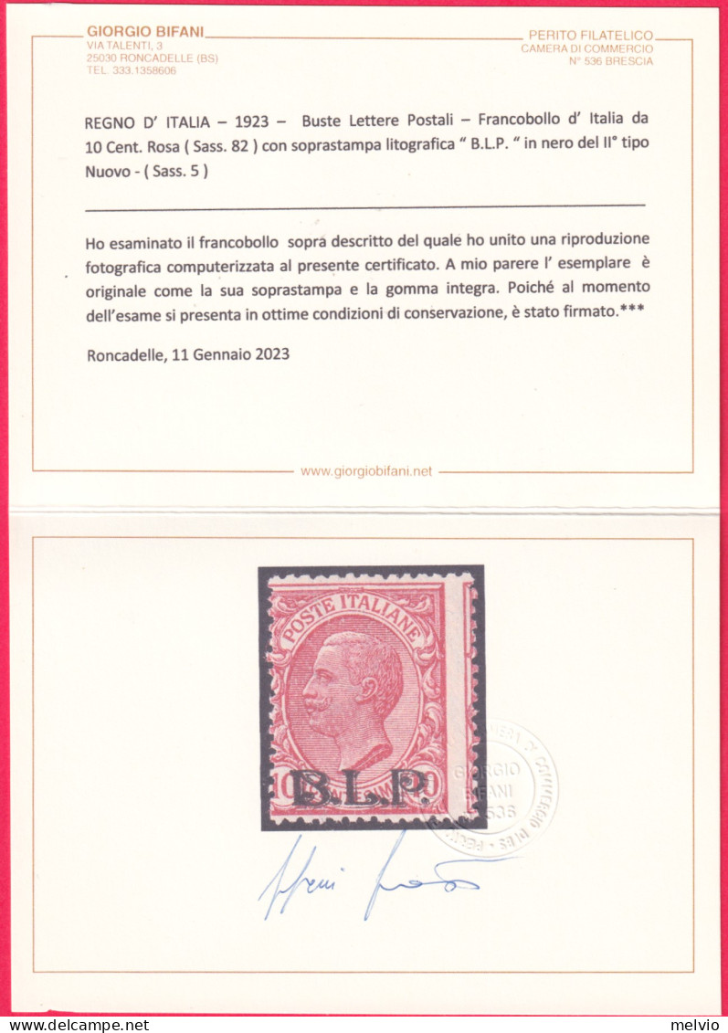1923-Italia (MNH=**) BLP 10c. Con Soprastampa Litografica Del II° Tipo, Certific - Mint/hinged