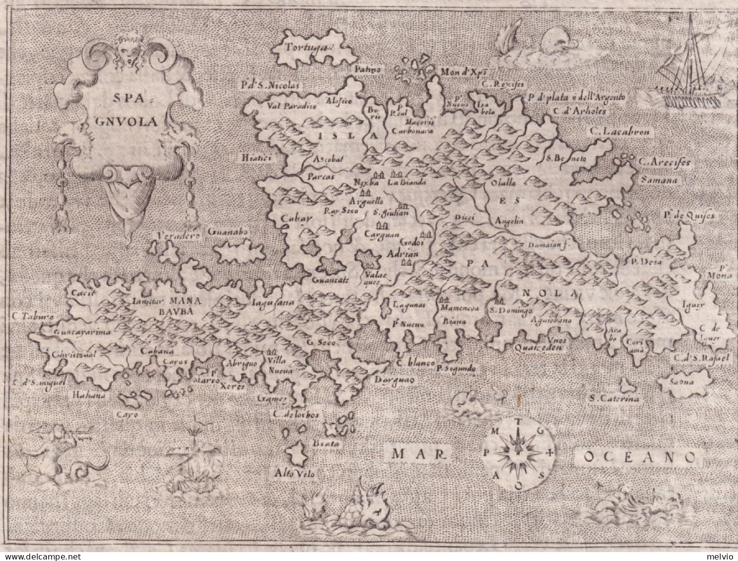 1620-Porcacchi Hispaniola Descrittione Dell'isola Spagnuola Dim.pagina 21x29cm.g - Landkarten