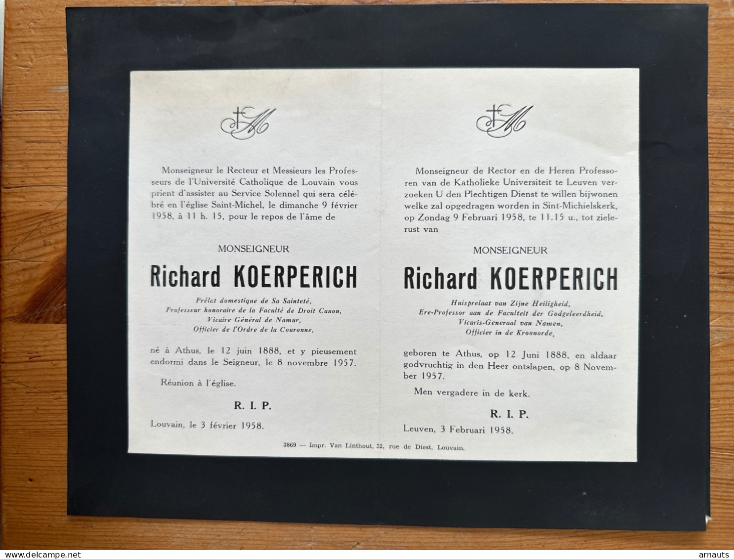 Rector Kath. Univ Leuven KUL U Gebed Monseigneur Richard Koerperich *1888 Athus +1957 Arthus Prof Godgeleerdheid Prelaat - Obituary Notices