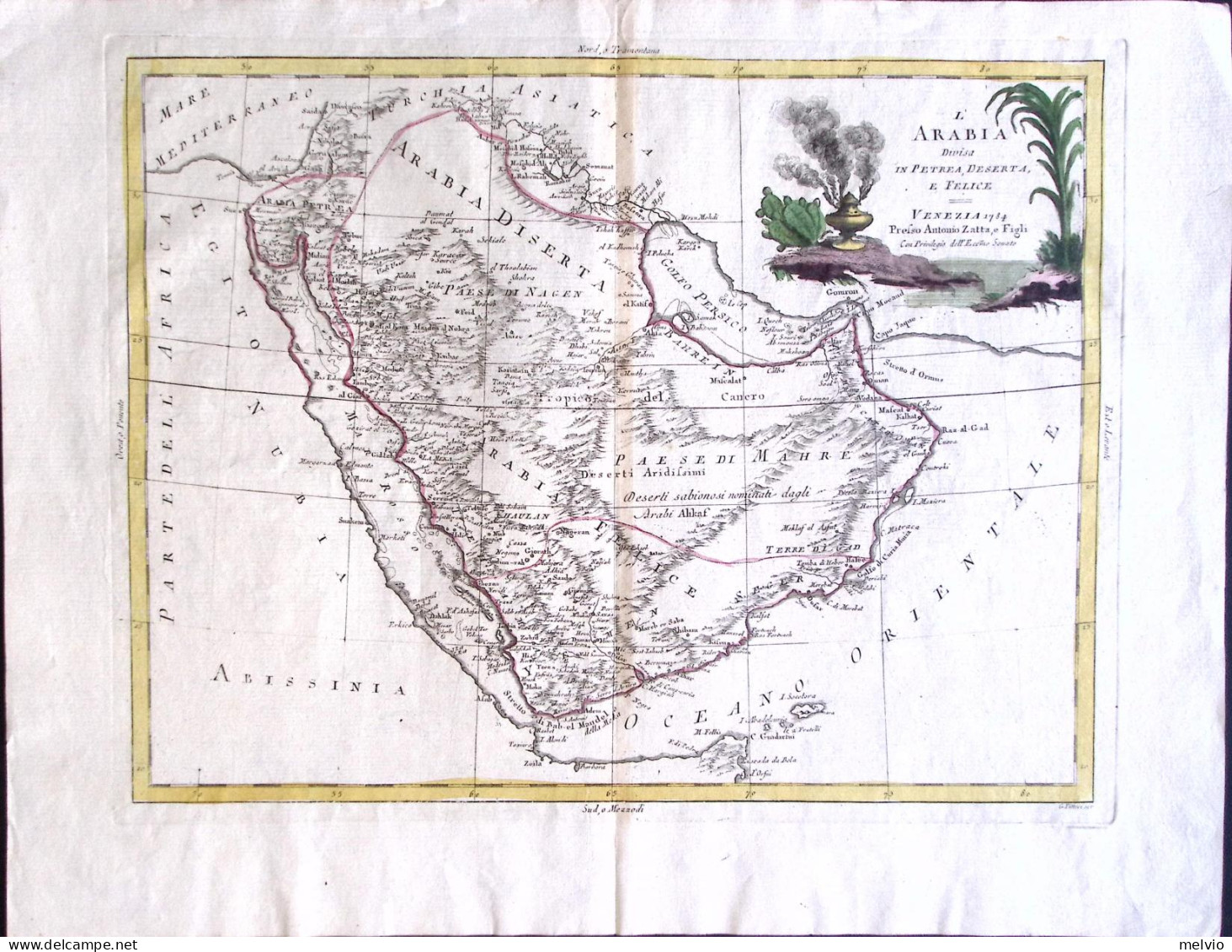 1784-Antonio Zatta "L'arabia Divisa In Petrea,deserta,e Felice"dimensione 40x32c - Geographische Kaarten