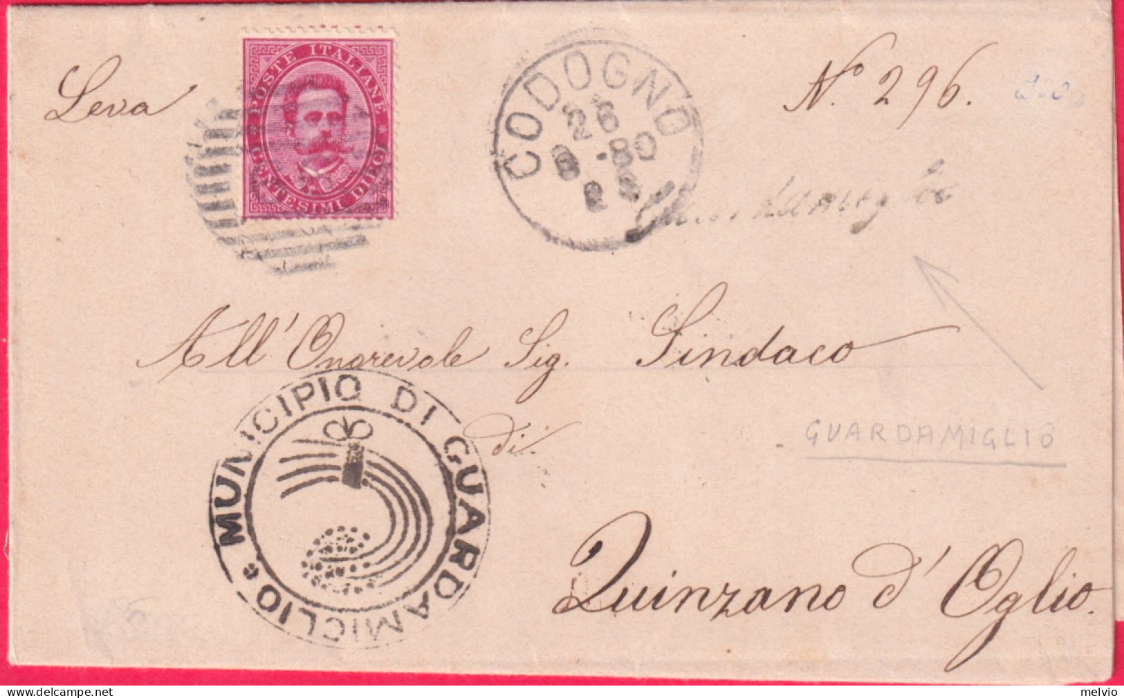 1880-sovracoperta Affrancata 10c.Umberto I^ Annullo Corsivo Guardamiglio - Marcophilie