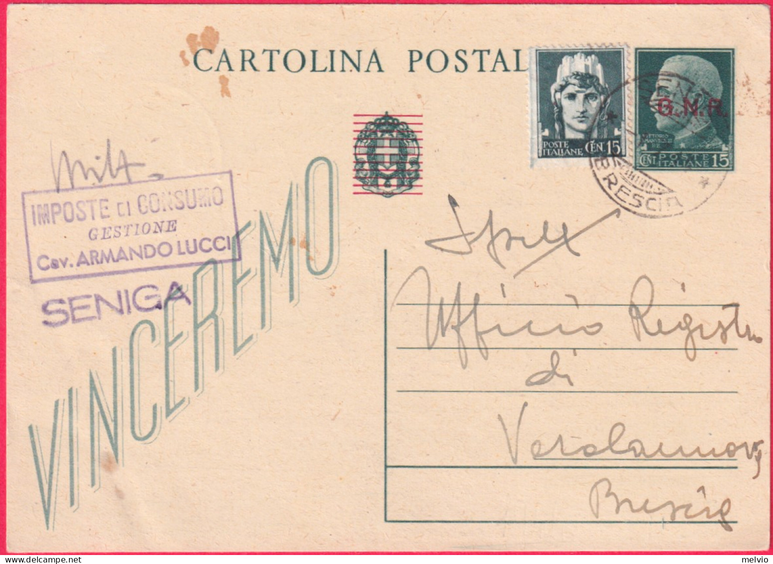 1944-GNR Cartolina Postale 15c. Viaggiata Con Affrancatura Aggiunta 15c.Imperial - Marcophilie