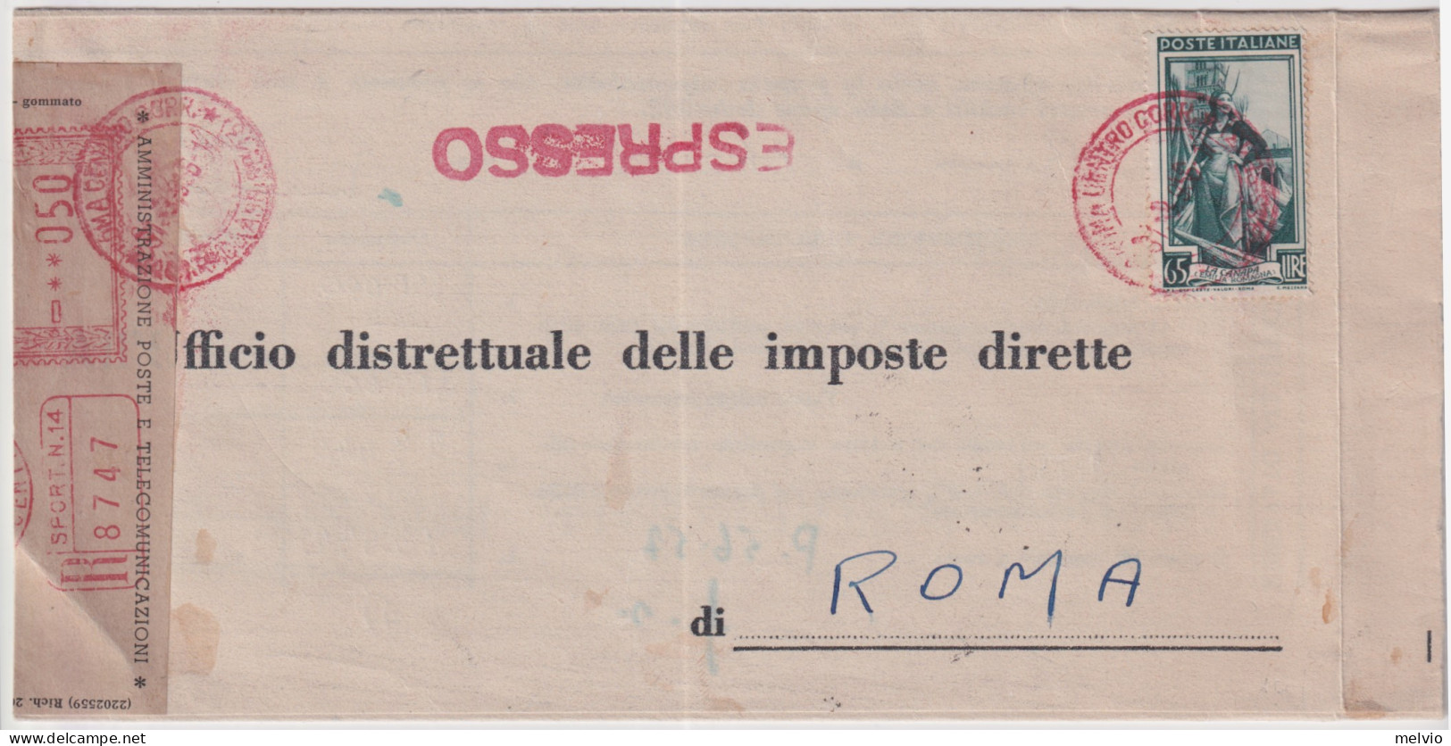 1956-Espresso Affrancato L.65 Lavoro + Fascetta L.50 Affrancatrice Meccanica Ros - 1946-60: Storia Postale
