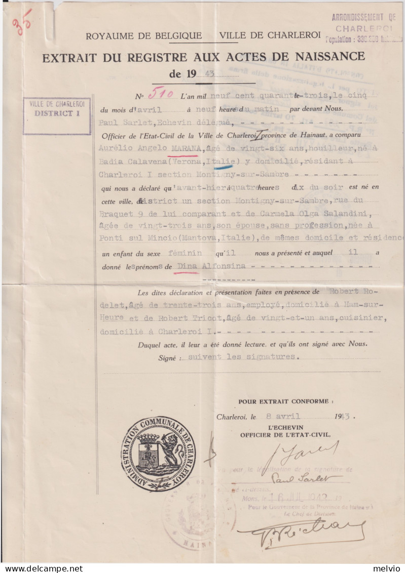 1944-RSI Consolato In Charleroi Firma Del Reggente Su Extrait Du Registr Aux Act - Marcofilía