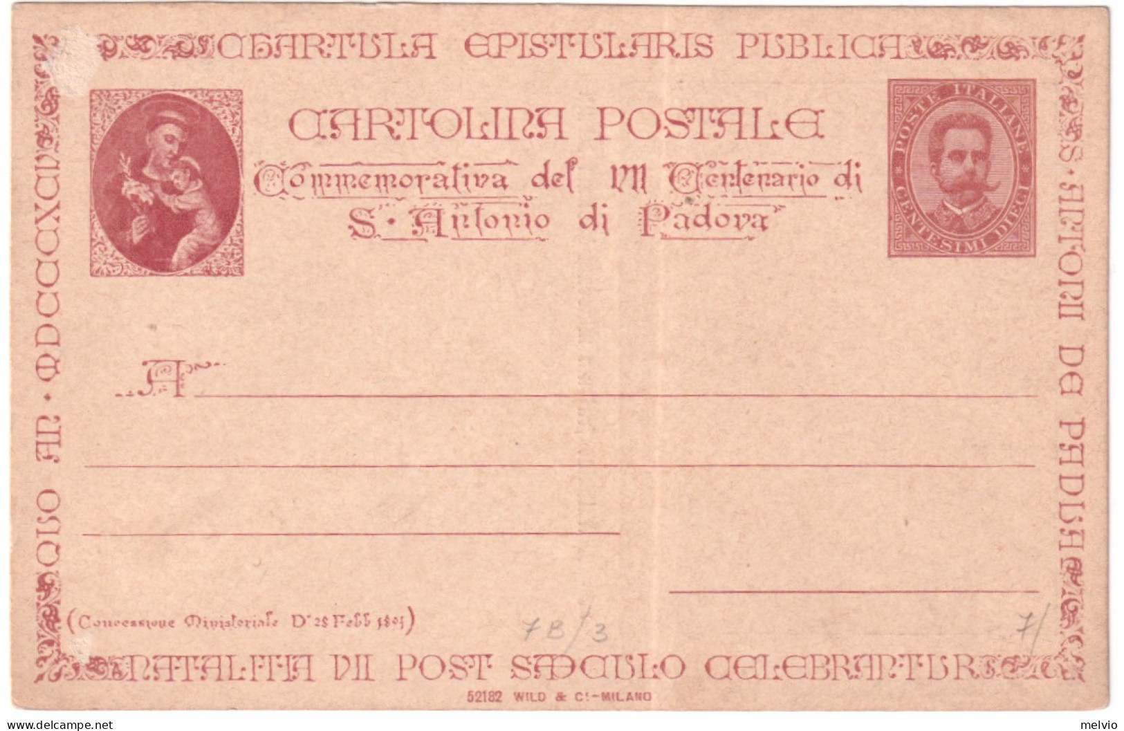 1895-cartolina Commissione Privata S.Antonio Da Padova 10c.vignetta In Rosso Ver - Ganzsachen