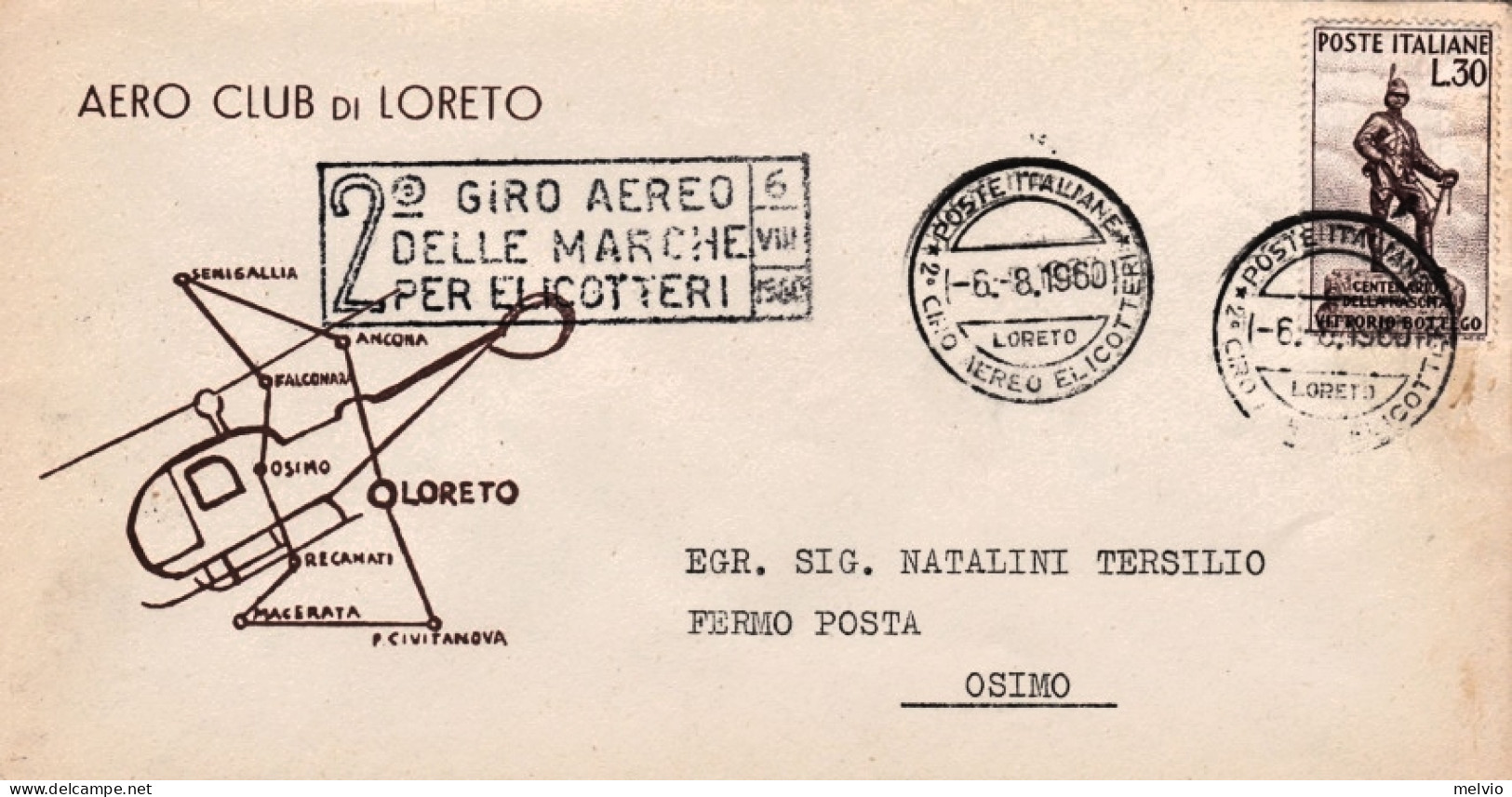 1960-2 Giro Aereo Delle Marche Per Elicotteri Tratta Loreto Osimo Coppa "Santa C - Poste Aérienne