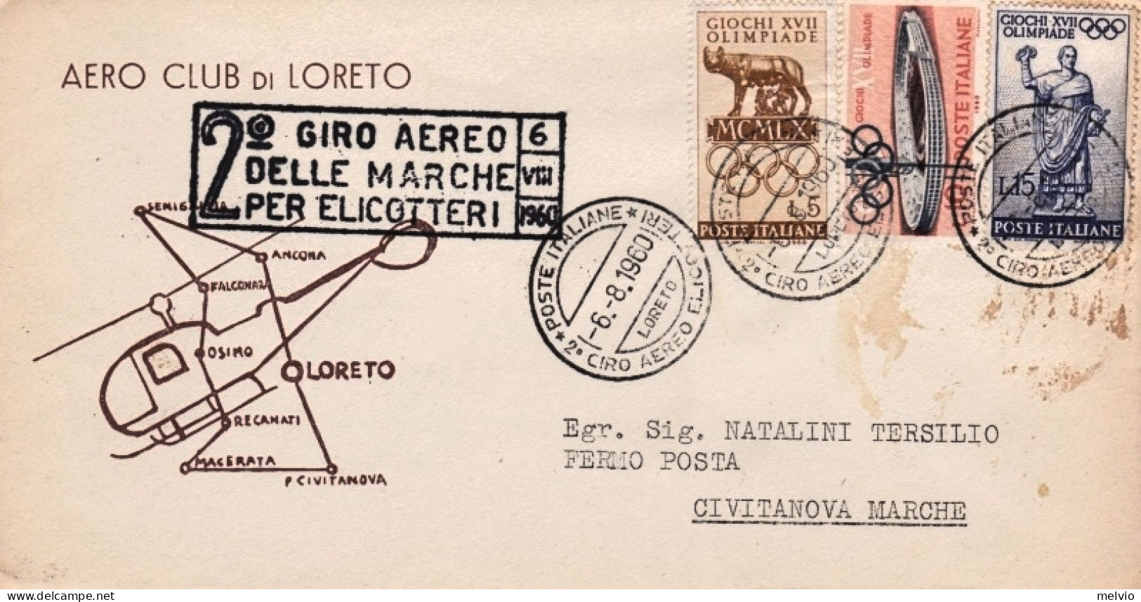 1960-2 Giro Aereo Delle Marche Per Elicotteri Tratta Loreto Civitanova Marche Co - Poste Aérienne