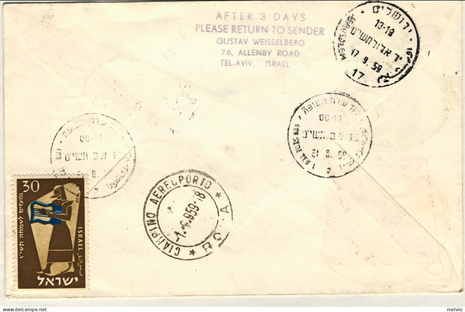 1959-Israele Cat.Pellegrini N.1035 Euro 70, I^volo Caravelle Tel Aviv-Rome Del 3 - Autres & Non Classés