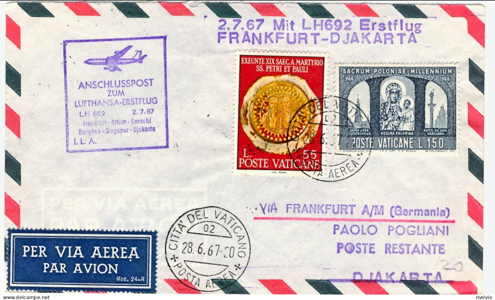 Vaticano-1967 Lufthansa I^volo Francoforte Djakarta Del 2 Luglio - Poste Aérienne