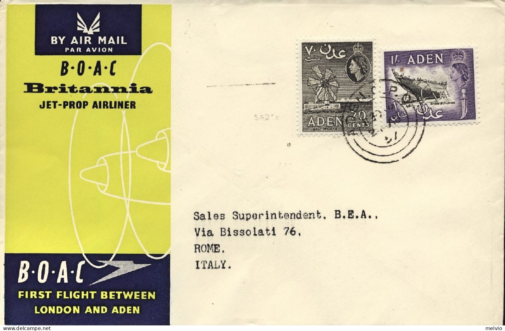 1957-Aden Cat.Pellegrini N.753 Euro 120, I^volo BOAC Aden-Roma Del 24 Agosto - Poste Aérienne