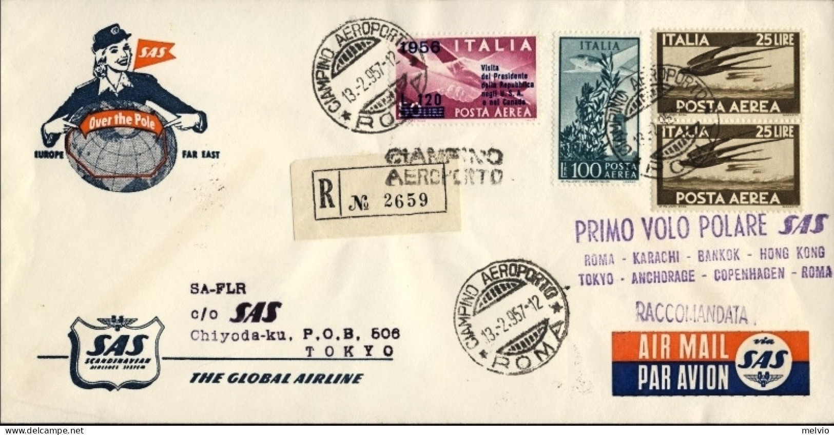 1957-catalogo Pellegrini N.706 Euro 150, I^volo SAS Bollo Violetto Polare (giro  - Cartas & Documentos
