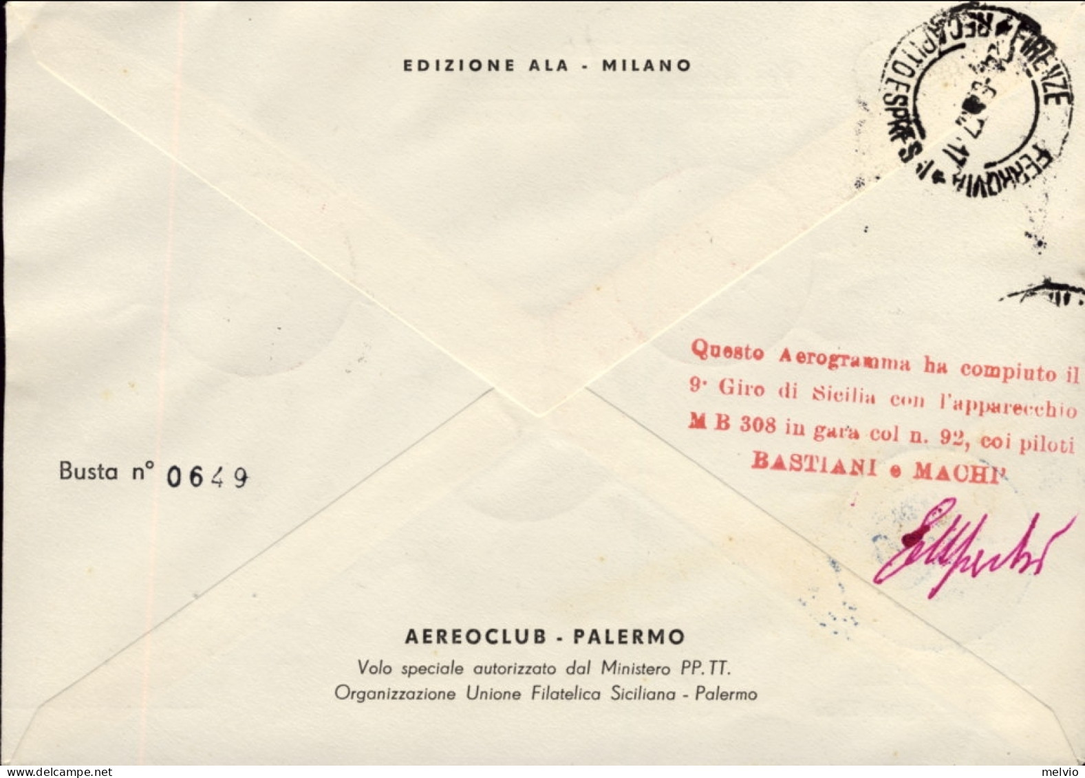 1957-cat.Pellegrini N. 734 Euro 60, 9 Giro Aereo Di Sicilia Volato Con Apparecch - Correo Aéreo