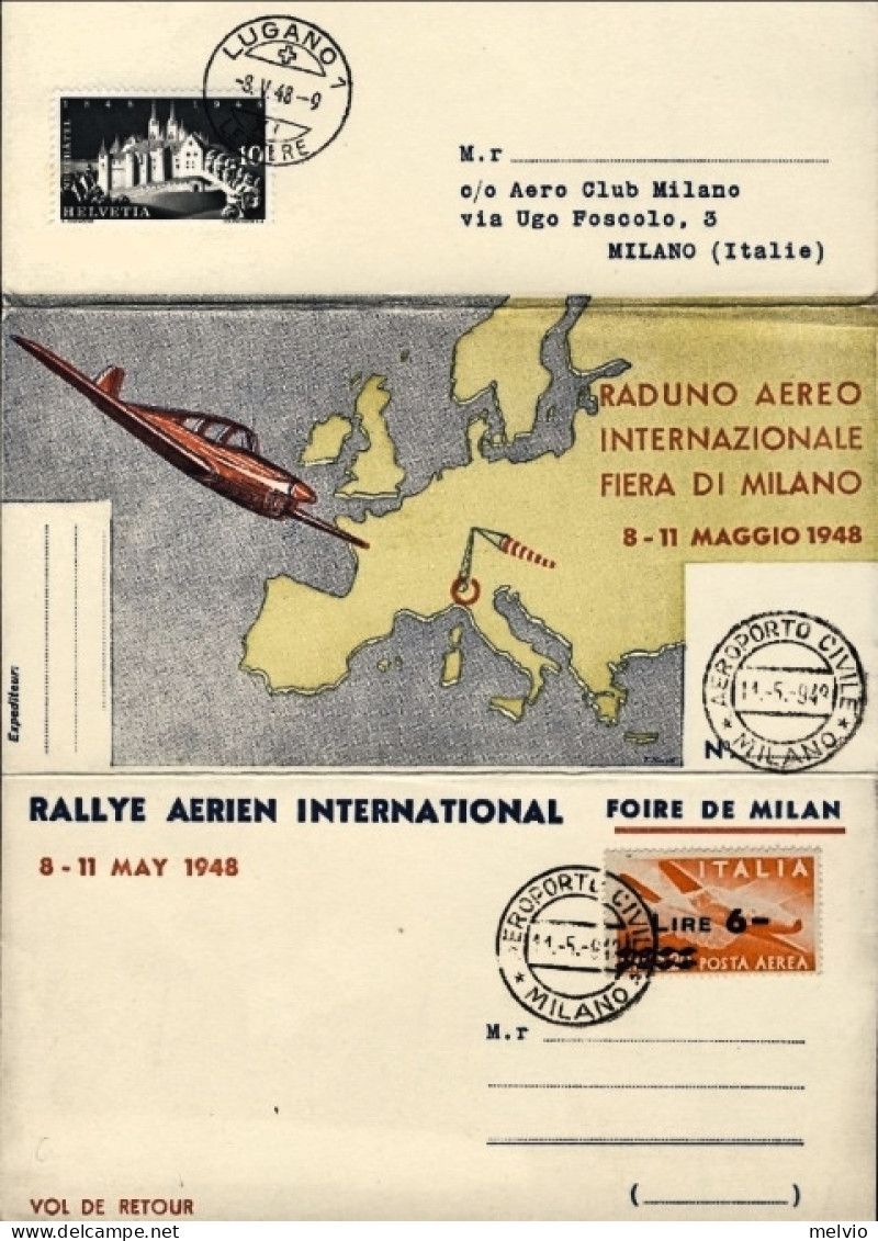 1948-cat.Pellegrini Euro 130, Piego Illustrato Volo Lugano-Milano Spedito Per Il - Poste Aérienne