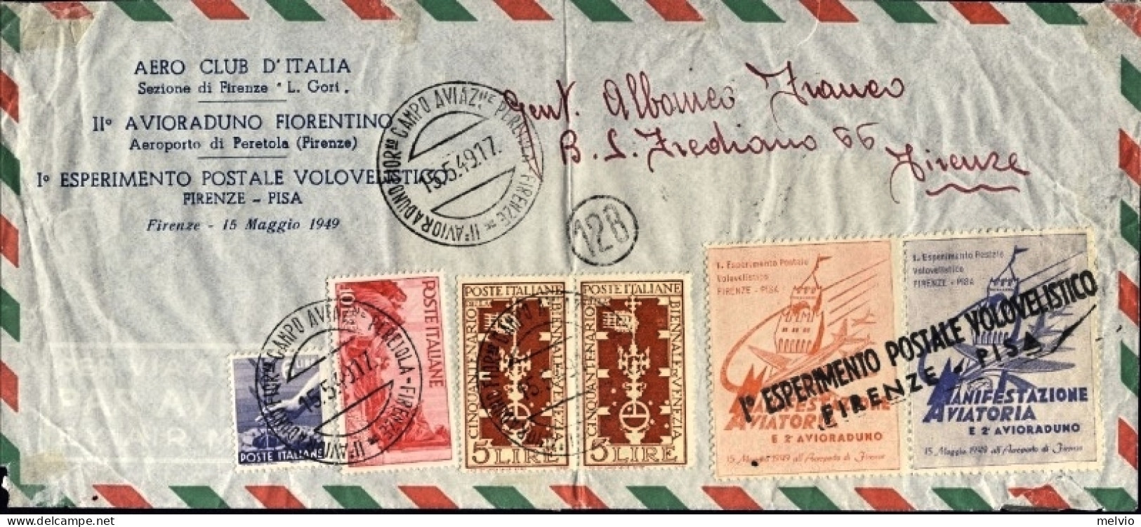 1949-bollo Lineare Primo Esperimento Postale Volovelistico Firenze-Pisa Su Aerog - Airmail