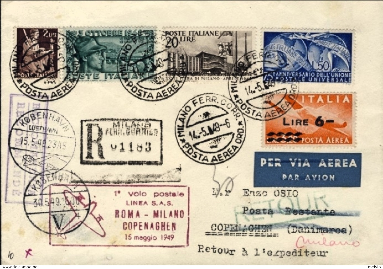 1949-bollo Viola I^volo Postale SAS Milano-Copenhagen Del 15 Maggio, Busta Racco - Poste Aérienne