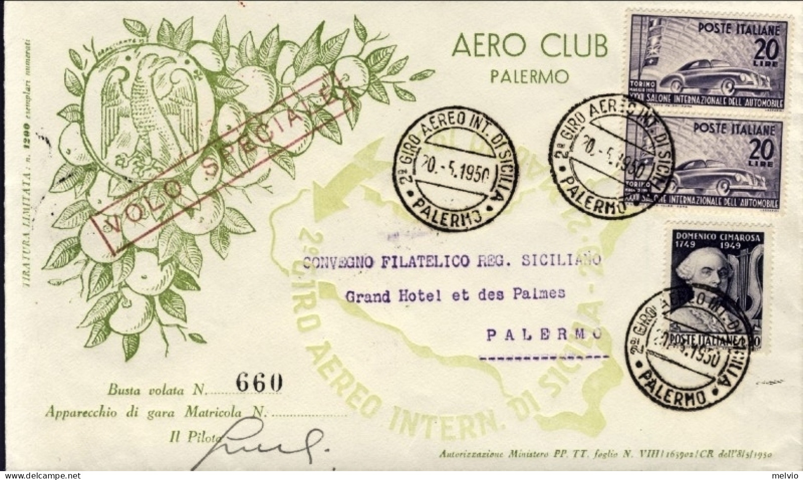 1950-volo Speciale 2^ Giro Aereo Internazionale Di Sicilia Affr. L.20 Cimarosa+c - Luftpost