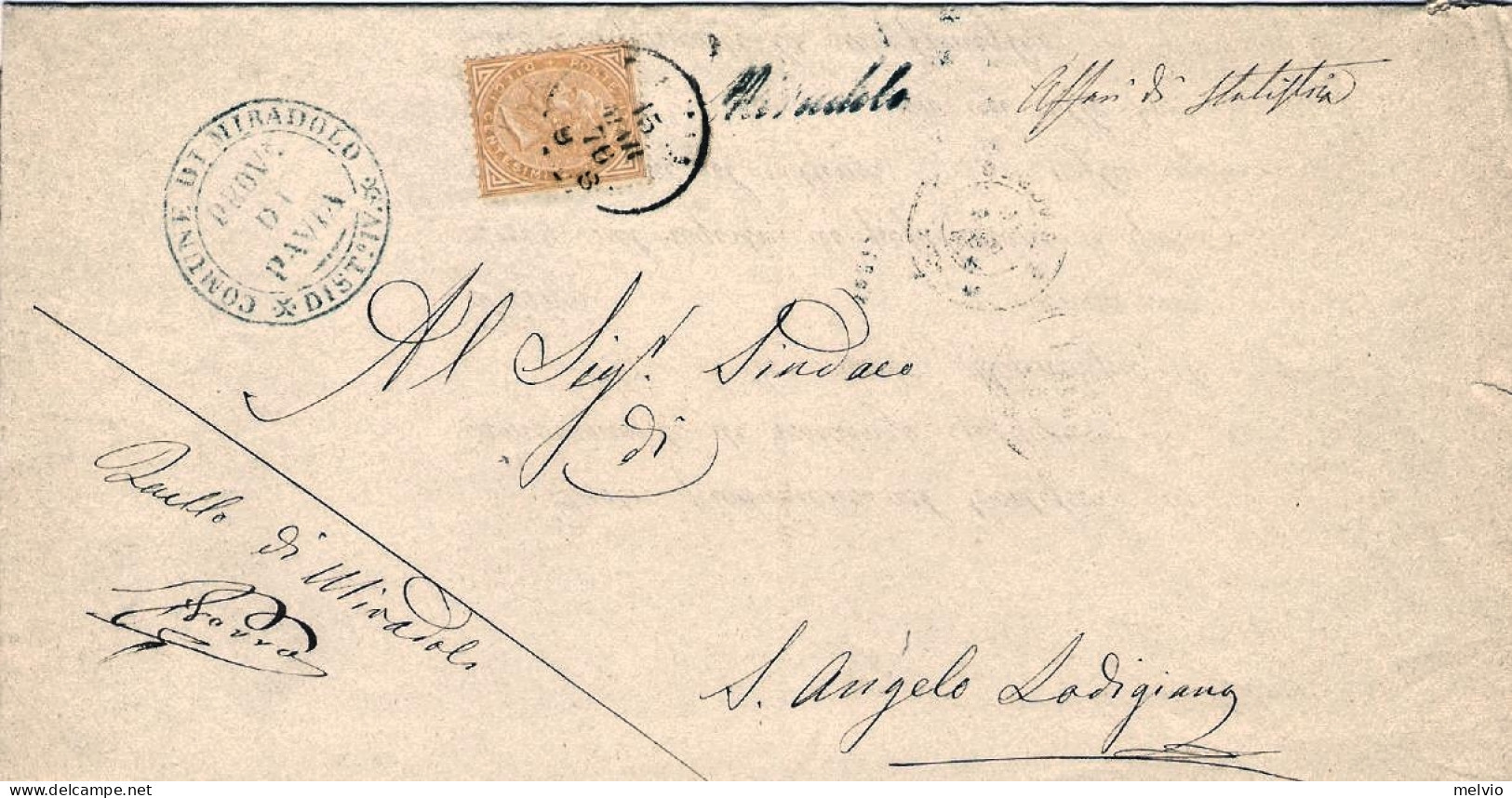 1876-stampato Affr. 10c.annullo Corsivo Azzurro Nitido "Miradolo"(pt.7)+annullo  - Marcophilia