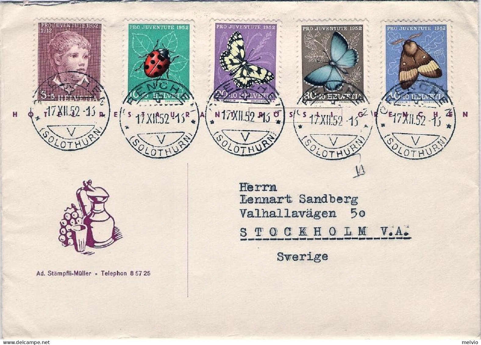 1952-Svizzera S.5v."Ritratto,insetti"su Lettera X Stoccolma - Postmark Collection