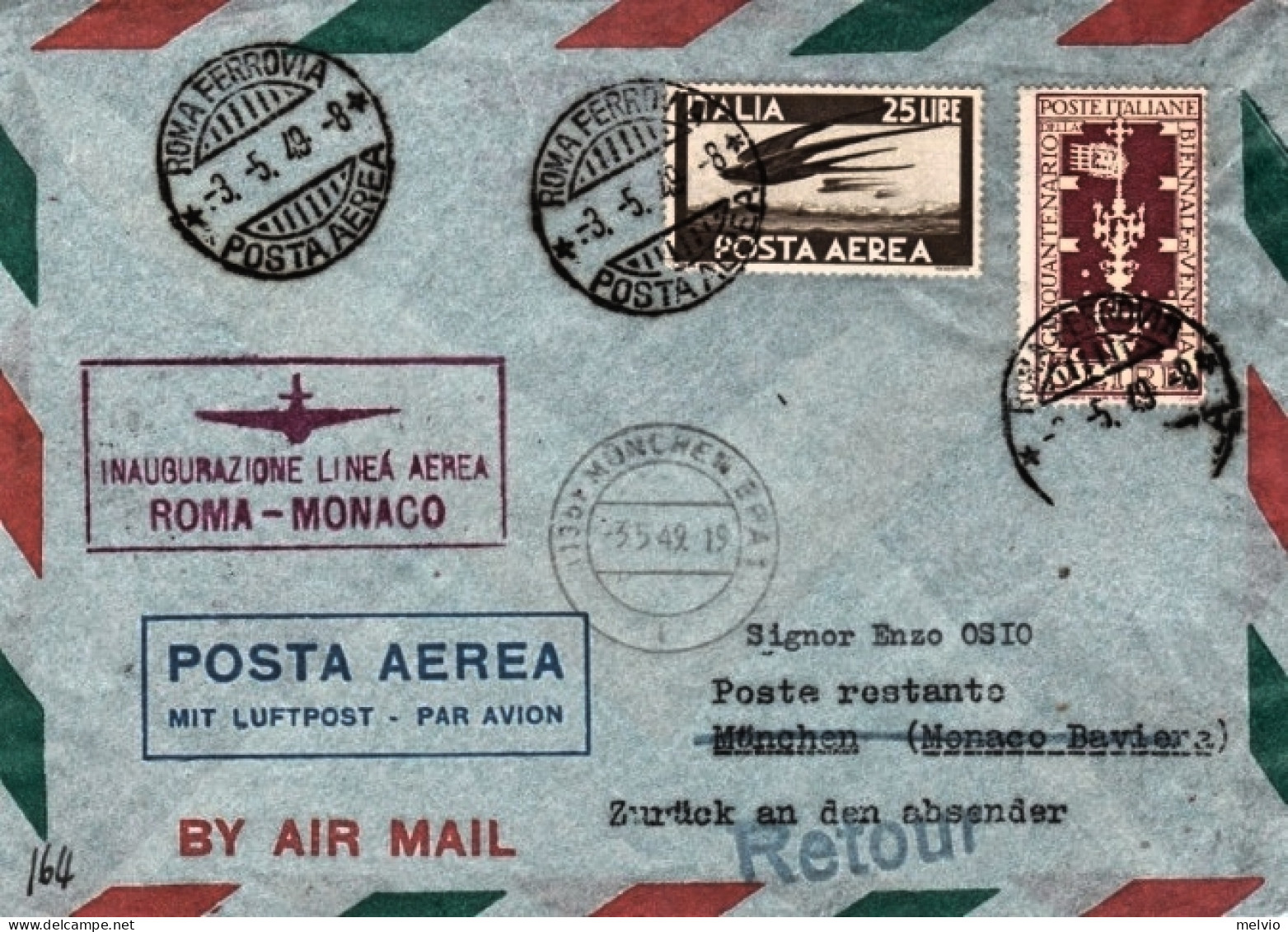 1949-cat.Pellegrini N.299 Euro 150, I^volo Inaugurazione Roma Monaco Linea Aerea - Luftpost