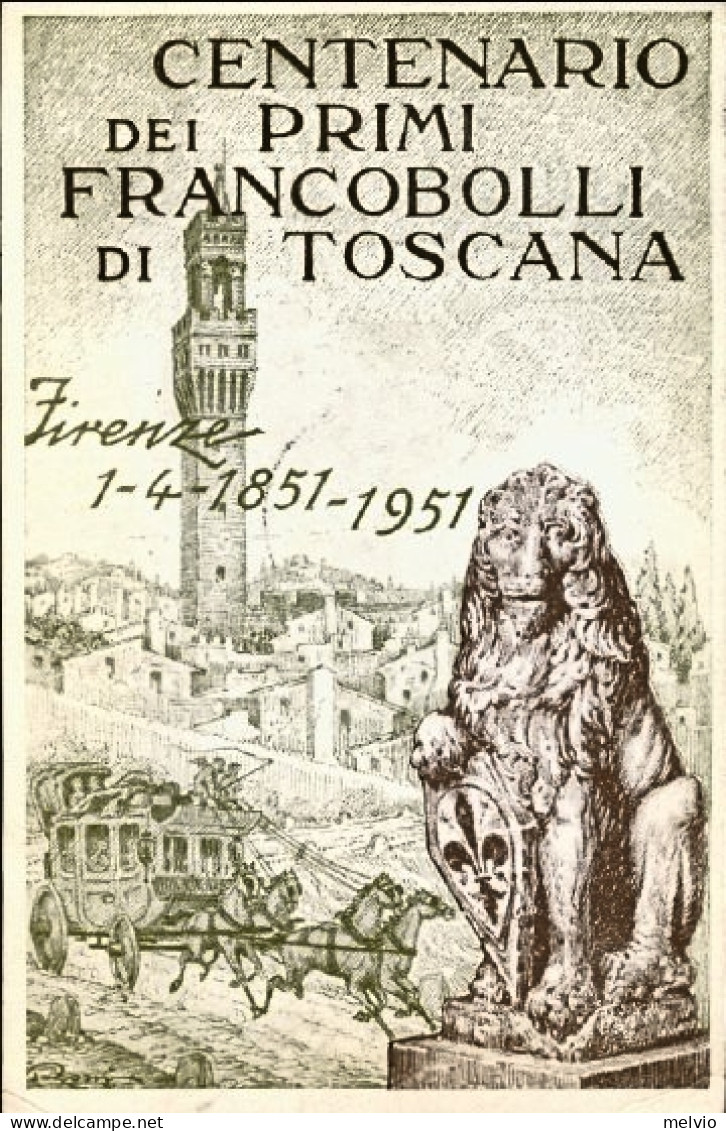 1951-cat.Sassone Euro 140, Cartolina Centenario Dei Primi Francobolli Di Toscana - FDC